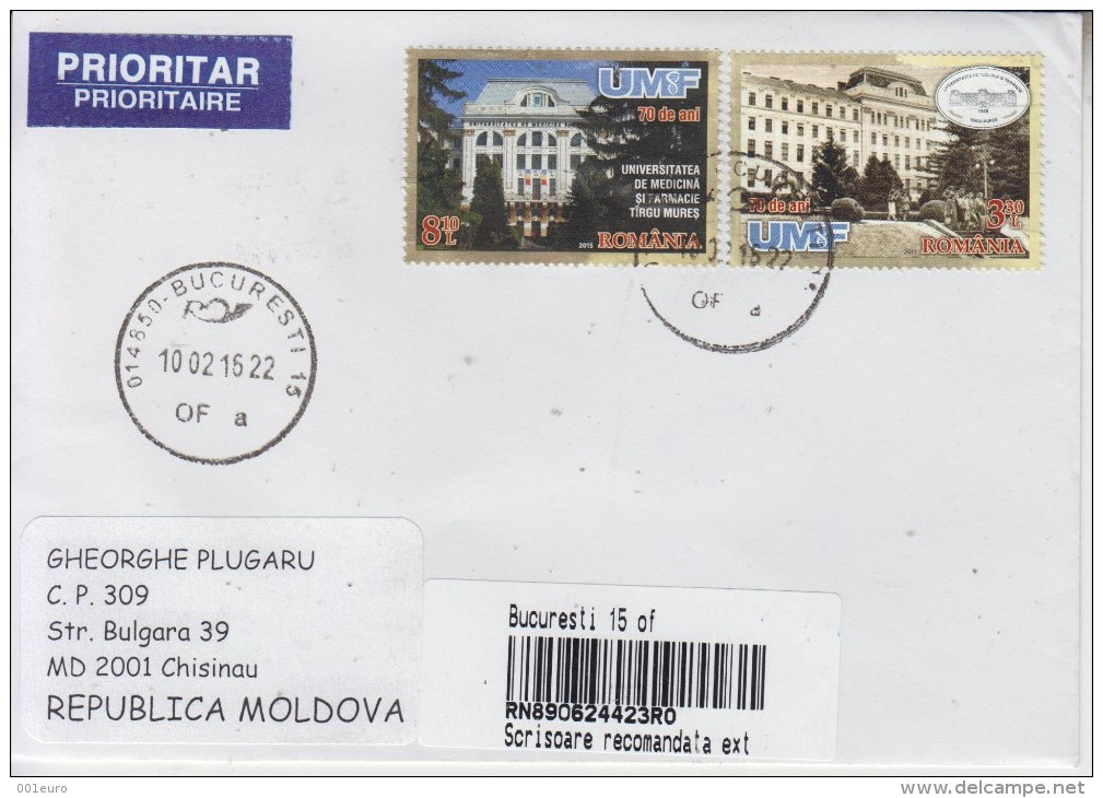 ROMANIA : MEDECINE & FARMACY UNIVERSITY On Cover Circulated To MOLDOVA - Envoi Enregistre! Registered Shipping! - Used Stamps