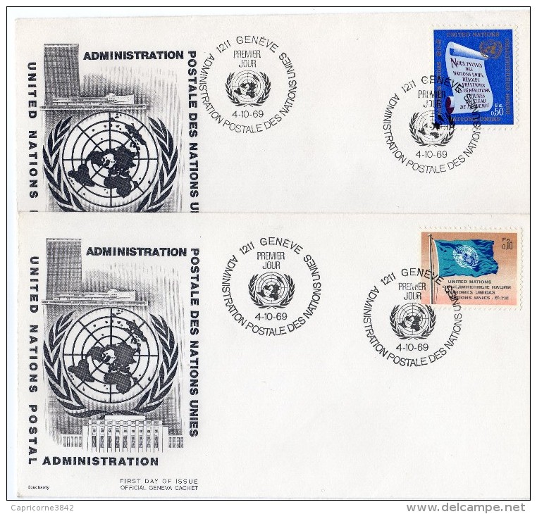 1969 - Nations Unies - Office De Genève - 2 Enveloppes 1er Jour  - Timbres Yvert N°2 Et 5 - FDC