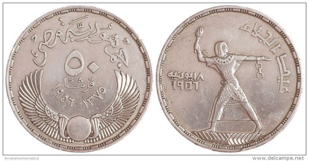 EGIPTO  50 PIASTRAS  1.956  AH1375  PLATA/SILVER  "EVACUACION DE LOS BRITÁNICOS"   KM#386   MBC/EBC     DL-11.725 - Egipto