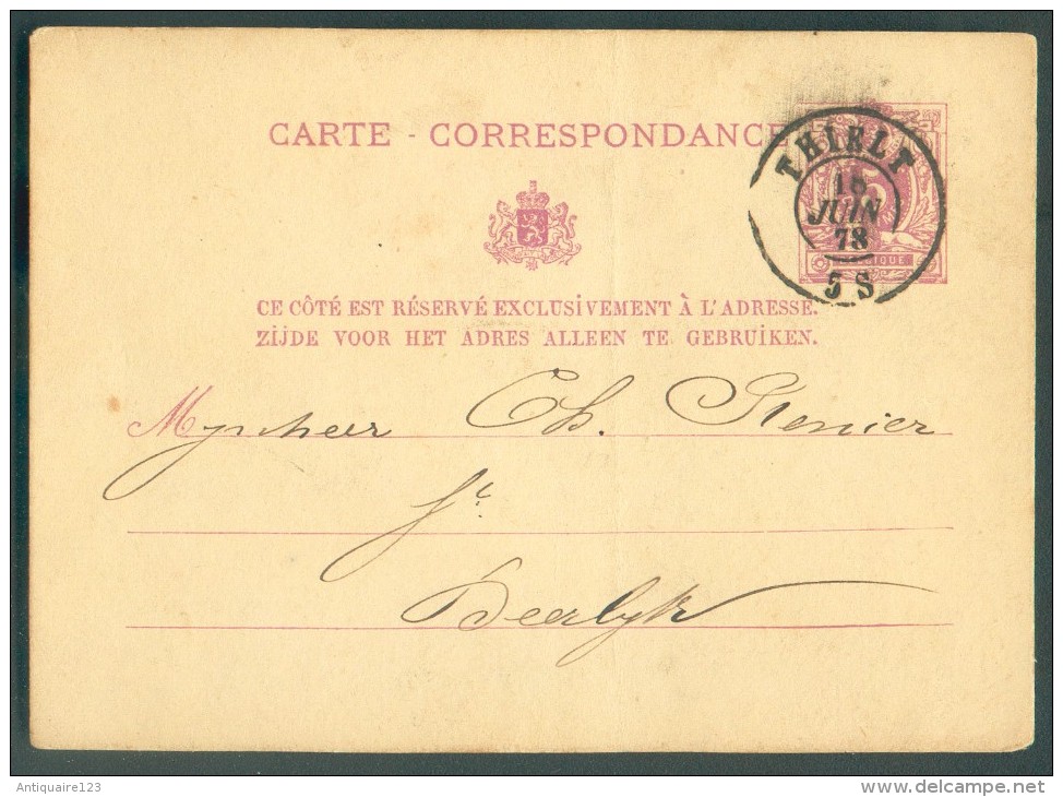 E.P. Carte 5 Centimes Lilas, Obl. Dc THIELT Le 16 Juin 1878 Vers Deerlijk - 11060 - Postkarten 1871-1909