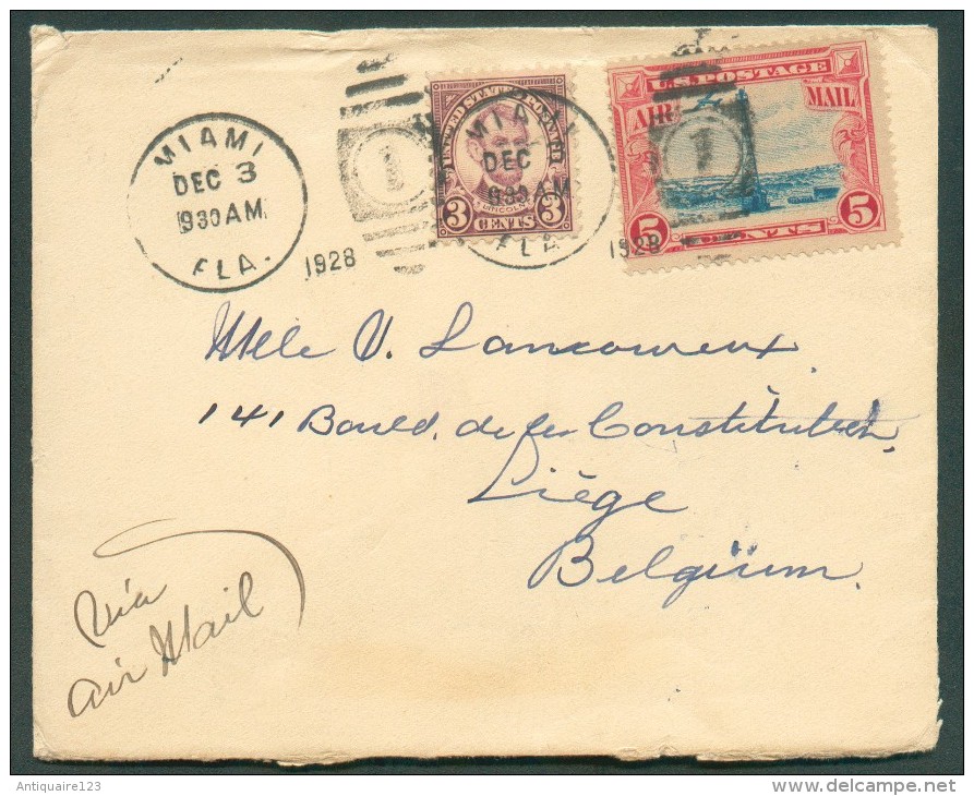 3c. + PA 5 C. Obl. Mécanique MIAMI Sur Enveloppe Du 3 Décembre 1930 Vers Liège - 11070 - 1c. 1918-1940 Covers