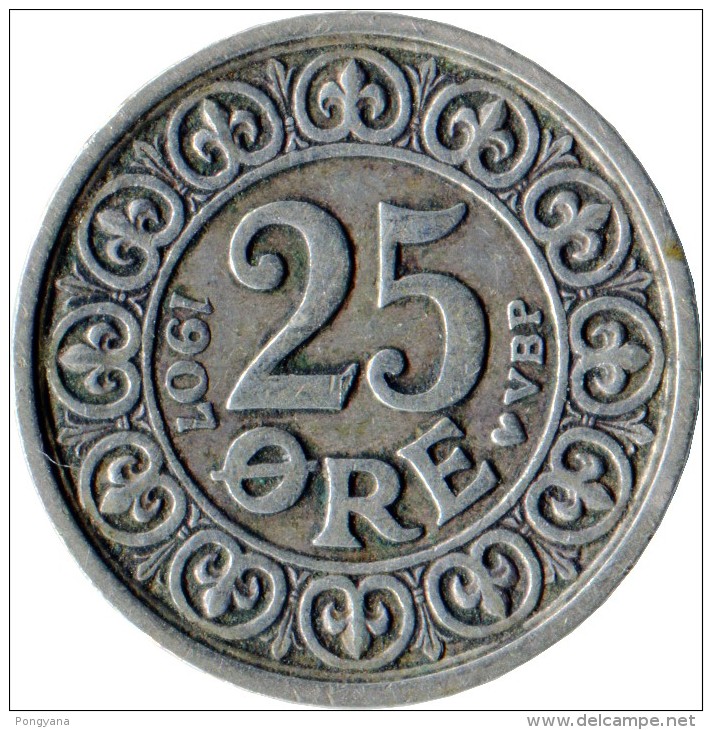 Denmark Frederik VIII 25 Øre 1907 Silver VF Details - Danimarca