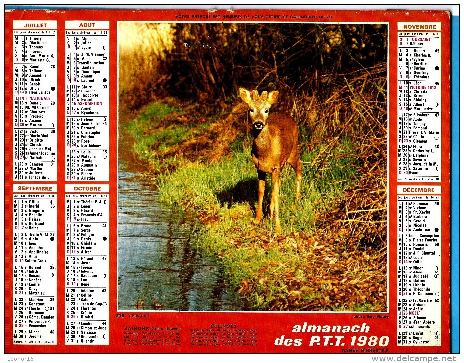 ALMANACH DES P.T.T 1980 (57)  -  Complet **CHIEN BERGER ALLEMAND - LE CHEVREUIL ** Calendrier * OLLER * N° 218 - Grossformat : 1971-80