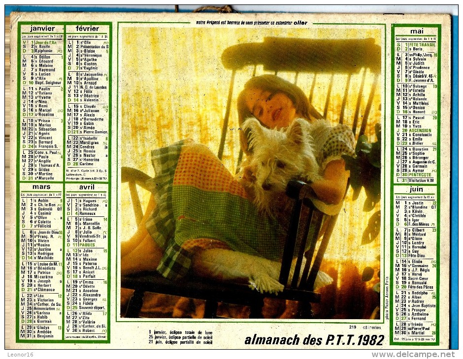 ALMANACH DES P.T.T 1982 (57)  -  Complet **CALINERIES AVEC MON CHIEN - CHIEN ET CHAT** Calendrier * OLLER * N° 219 - Grand Format : 1971-80