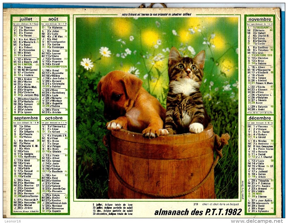 ALMANACH DES P.T.T 1982 (57)  -  Complet **CALINERIES AVEC MON CHIEN - CHIEN ET CHAT** Calendrier * OLLER * N° 219 - Grand Format : 1971-80