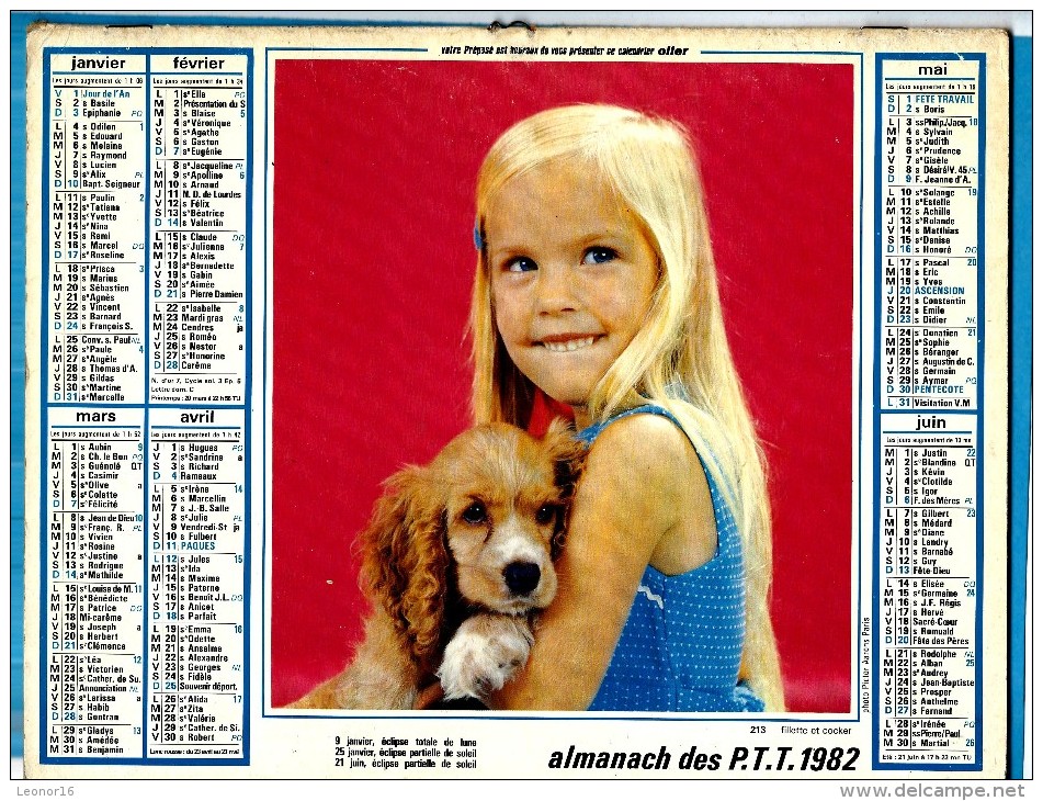 ALMANACH DES P.T.T 1982 (57) - Complet ** FILLETTE ET COCKER - FILLETTE AVEC CHIEN ET CHAT** Calendrier * OLLER * N° 213 - Grand Format : 1971-80