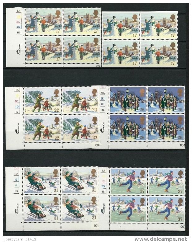 GREAT BRITAIN. - 1990 //SG 1526 - 1530 / CHRISTMAS  -  SIX BLOCS Of 4 Stamps Each With CYLINDER - MHN - Nuevos