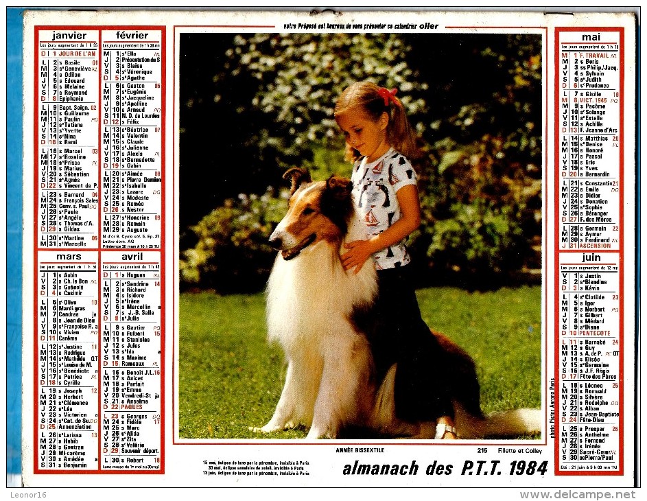 ALMANACH DES P.T.T 1984 (57) - Complet ** FILLETTE ET CHIEN COLLEY - MON CHAT ET MOI ** Calendrier * OLLER * N° 215 - Big : 1981-90