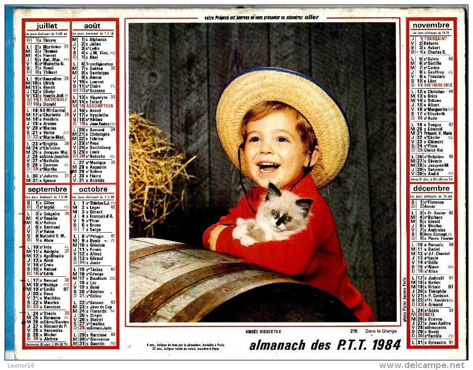 ALMANACH DES P.T.T 1984 (57) - Complet ** FILLETTE ET CHIEN COLLEY - MON CHAT ET MOI ** Calendrier * OLLER * N° 215 - Tamaño Grande : 1981-90