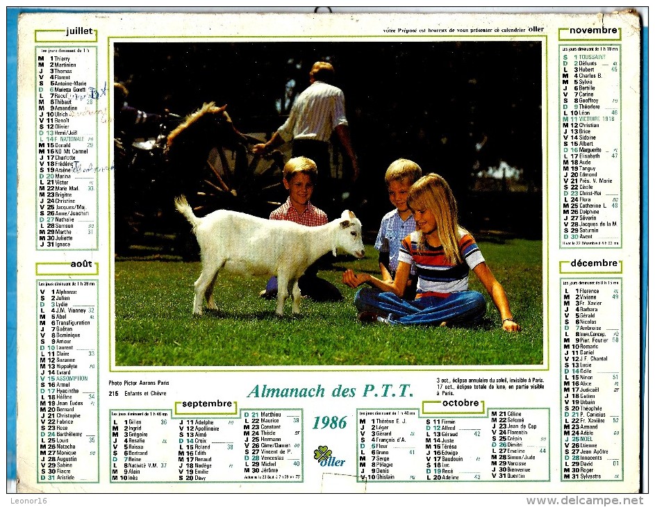 ALMANACH DES P.T.T 1986 (57) - Complet ** CHIEN COLLEY - ENFANTS ET CHEVRE ** Calendrier * OLLER * N° 215 - Big : 1981-90