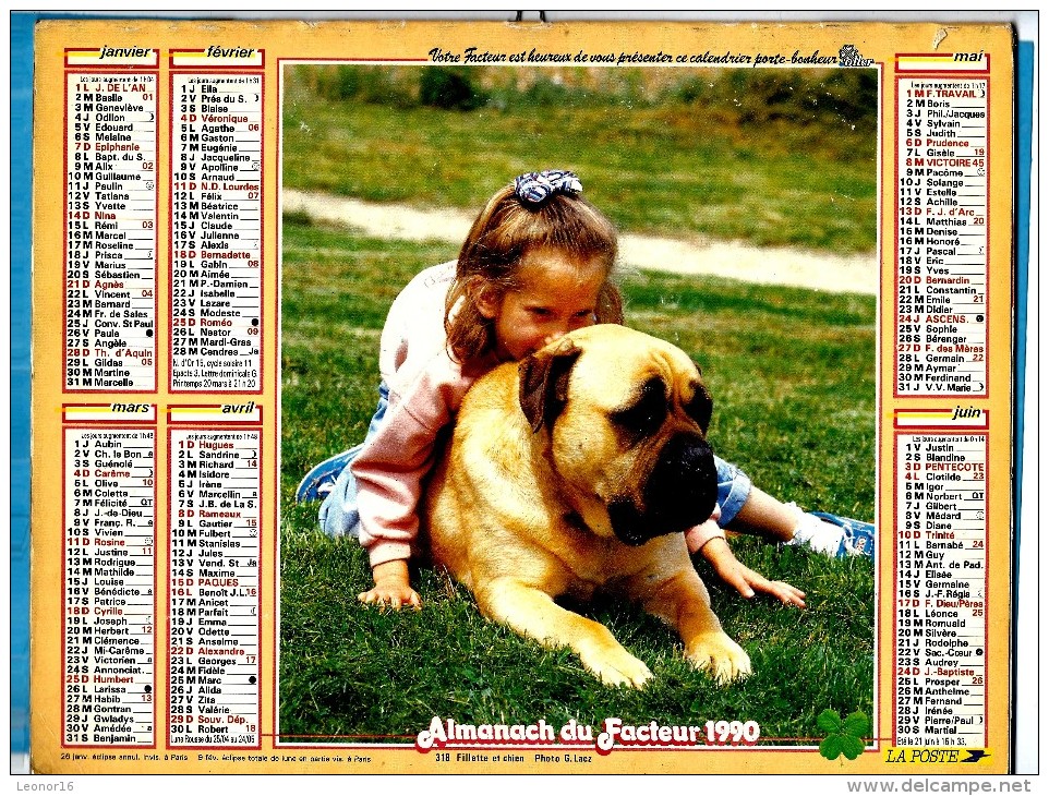 ALMANACH DES P.T.T 1990 (54) - Complet ** FILLETTE ET CHIEN BULLDOG - FILLETTES ET CHATONS ** Calendrier * OLLER * N°318 - Grand Format : 1981-90