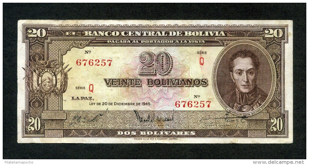 BOLIVIA BILLETES; 20 Bs 1945 "REFORMA DEL SISTEMA BANCARIO". - Bolivia