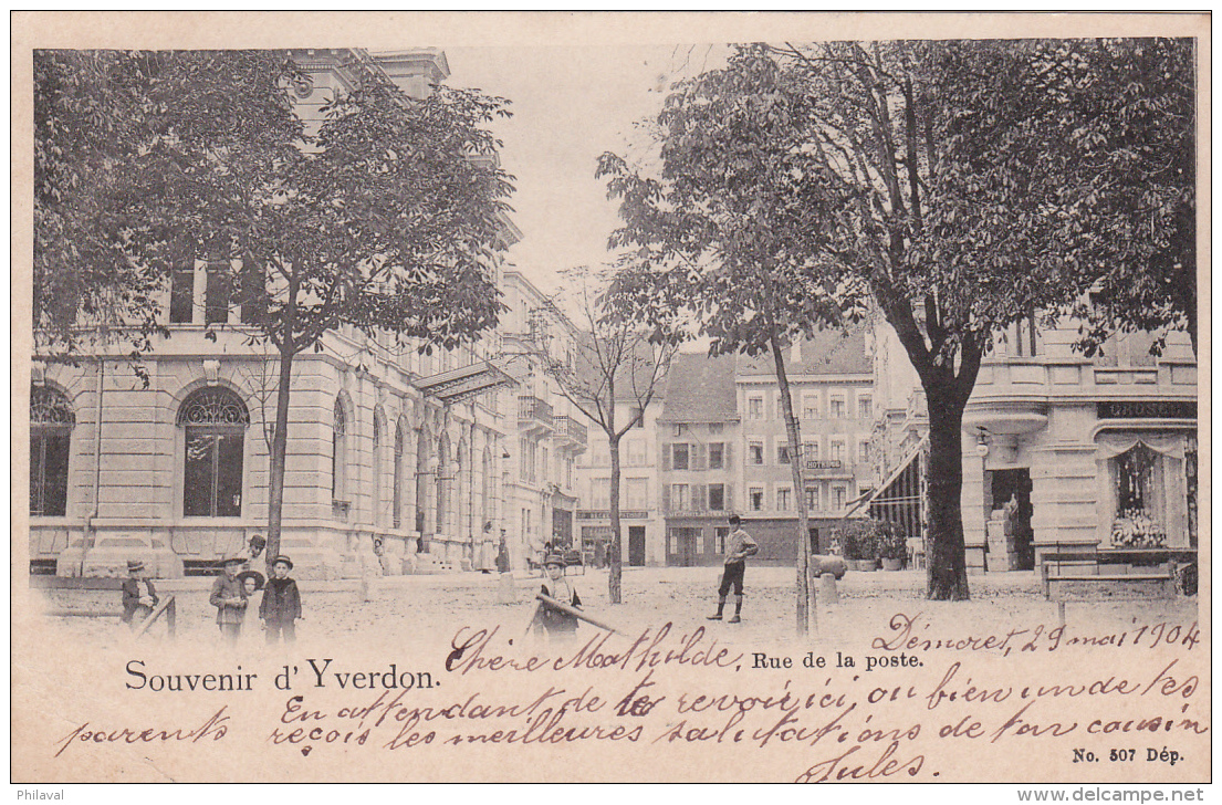 YVERDON : Rue De La Poste - Jolie Carte Animée Oblitérée Le 30.V.04 - Cachets De Demoret, Corsier Les Monts Et Vevey - Corsier-sur-Vevey