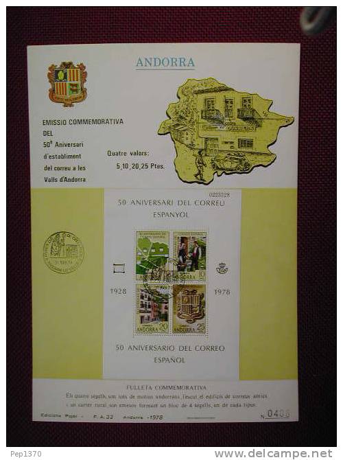 ENCARTE ANDORRA  ESPAÑOLA 1978 50eme ANNIVERSAIRE DE LA POSTE A ANDORRE (AVEC BLOC FEUILLET) - Lettres & Documents