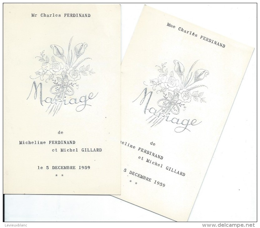 2  Menus De Mariage/Ferdinand -Gillard / Ferdinand/ Diner / 1959    MENU156 - Menus