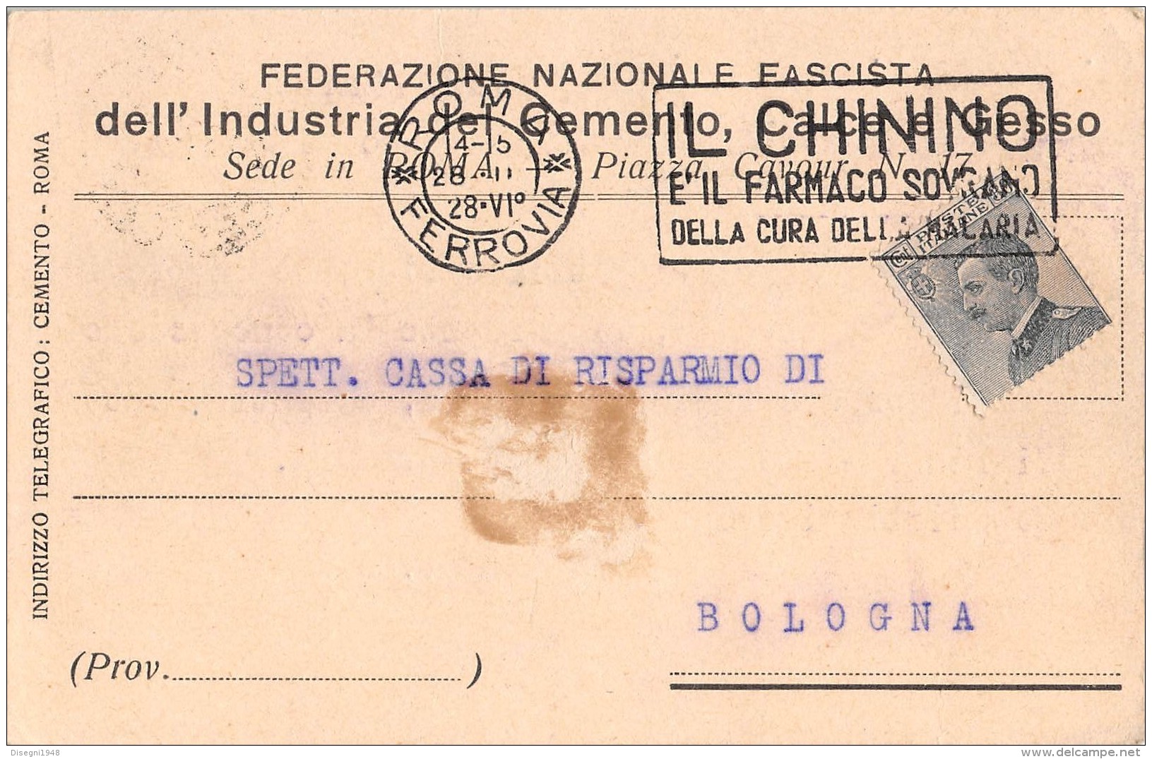 05113  "ROMA - FEDERAZIONE NAZIONALE FASCISTA DELL'INDUSTRIA DEL CEMENTO" CART. POST. ORIG. SPEDITA 1928. - Syndicats