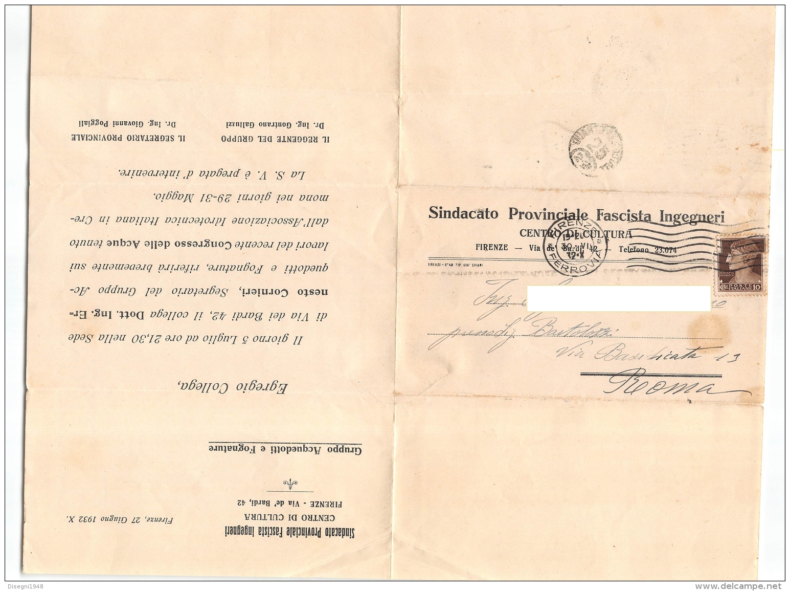 05119 "FIRENZE - SINDACATO PROVINCIALE FASCISTA INGEGNERI - CENTRO DI CULTURA" BIGLIETTO POST. ORIG. SPEDITA 1932 - Labor Unions