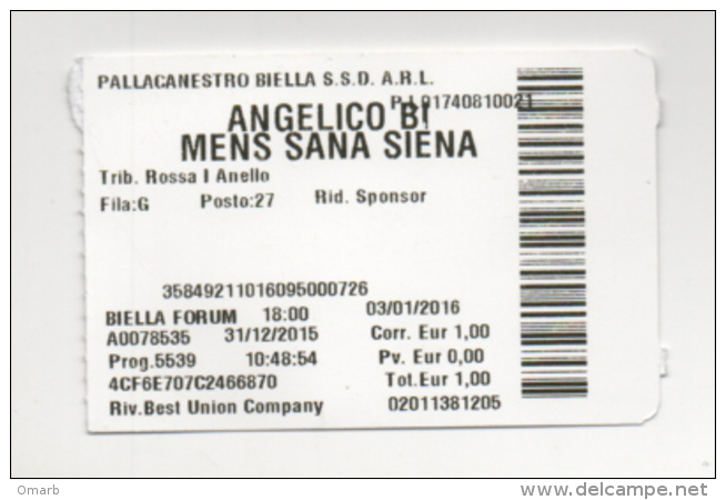 Alt894 Biglietto Ingresso Access Ticket Partita Match Basket Pallacanestro Angelico Biella MensSana Siena Sport - Tickets D'entrée