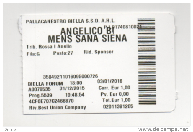 Alt894 Biglietto Ingresso Access Ticket Partita Match Basket Pallacanestro Angelico Biella MensSana Siena Sport - Biglietti D'ingresso