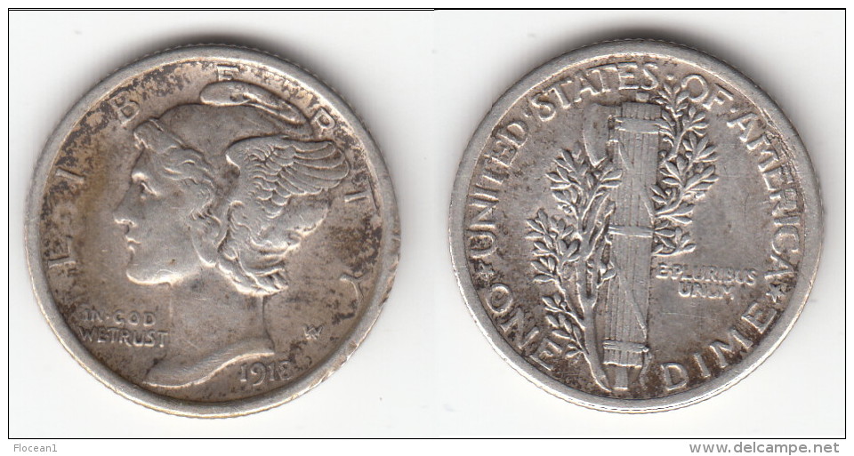 **** USA  - ETATS-UNIS  - 1 DIME 1918 - ONE DIME 1918 MERCURY - SILVER **** EN ACHAT IMMEDIAT !!! - 1916-1945: Mercury (kwik)