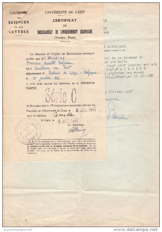 Certificat De Baccalauréat Bac C à Caen Le 8 Juillet 1947 - Mention Passable - - Collections