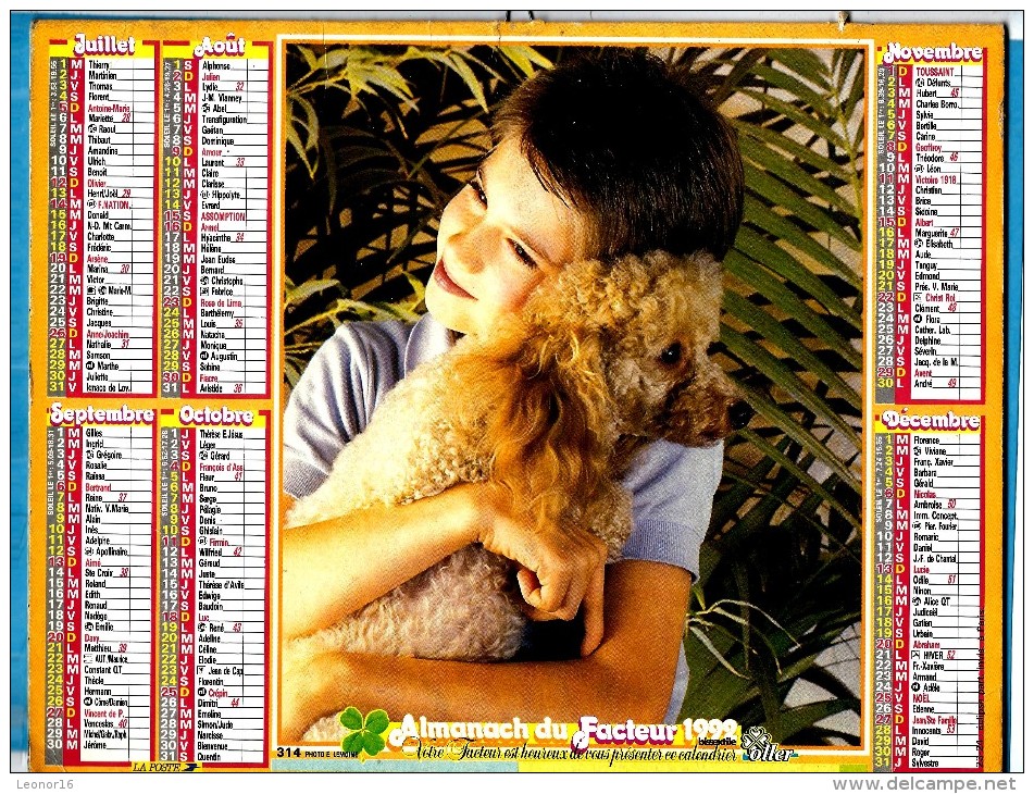 ALMANACH DU FACTEUR 1992 (54) - Complet **  MON CANICHE ET MOI - LA FILLETTE ET LE KOALA ** - Calendrier OLLER N°314 - Grand Format : 1991-00