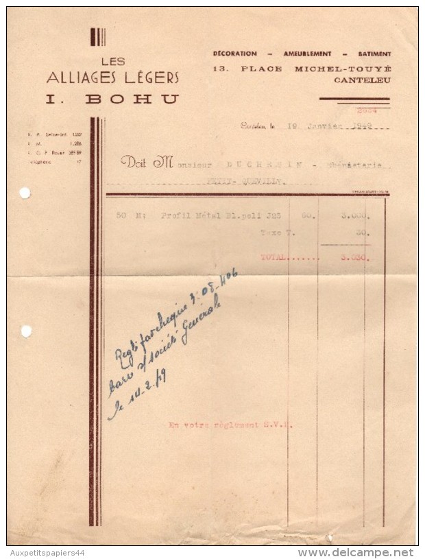 Facture De 1949 Anciens Francs - Les Alliages Légers - I. Bohu - 13 Pl. Michel-Touyé - Canteleu 76380 - - Droguerie & Parfumerie