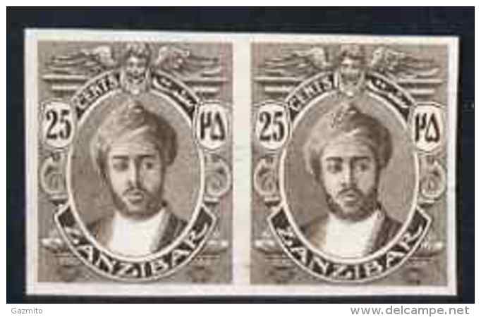 Zanzibar 1913, Sultan 25c IMPERFORATED Proof Pair In Issued Colour On Ungummed Watermarked Paper - Zanzibar (...-1963)