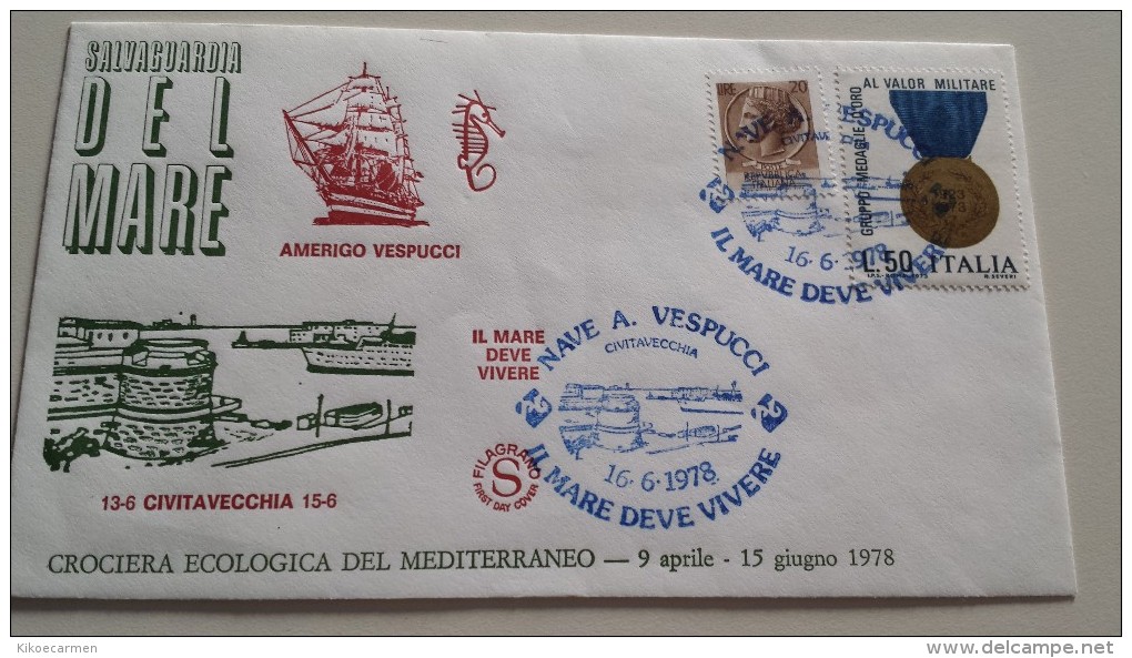 Italia 1978 CIVITAVECCHIA Nave Militare Amerigo Vespucci IL MARE DEVE VIVERE Tartaruga Tortoise Turtle BUSTA Used Cover - Marittimi