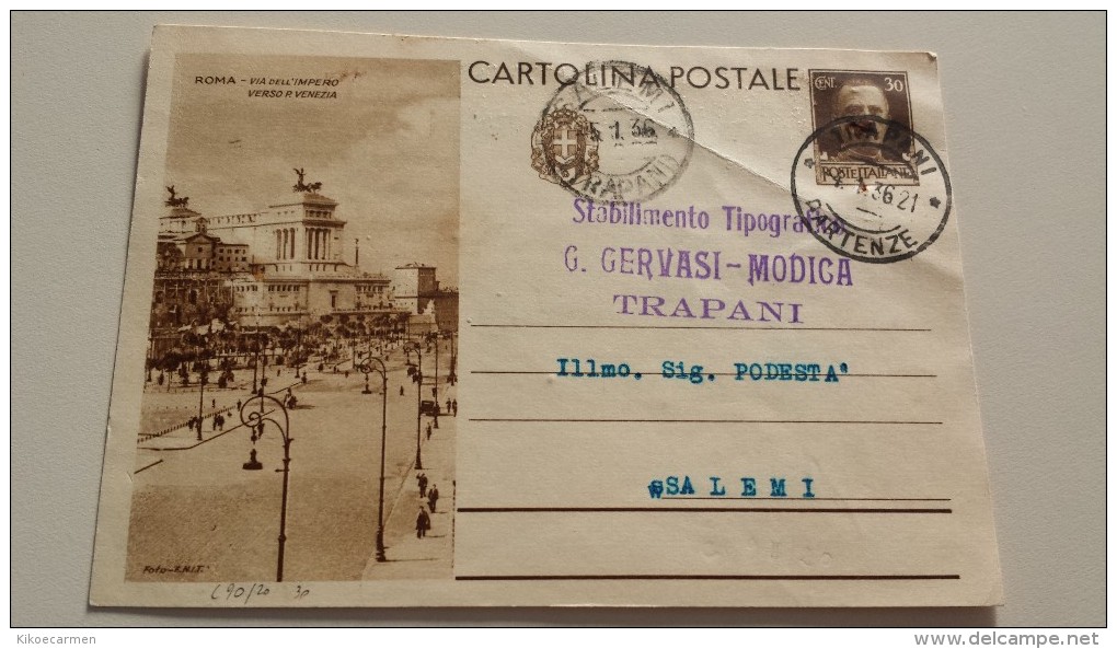 ROMA VIA DELL'IMPERO Italia Cartolina Postale Da Trapani Vittorio Emanuele III  Usata Usato Intero 1936 Regno D´ - Entiers Postaux
