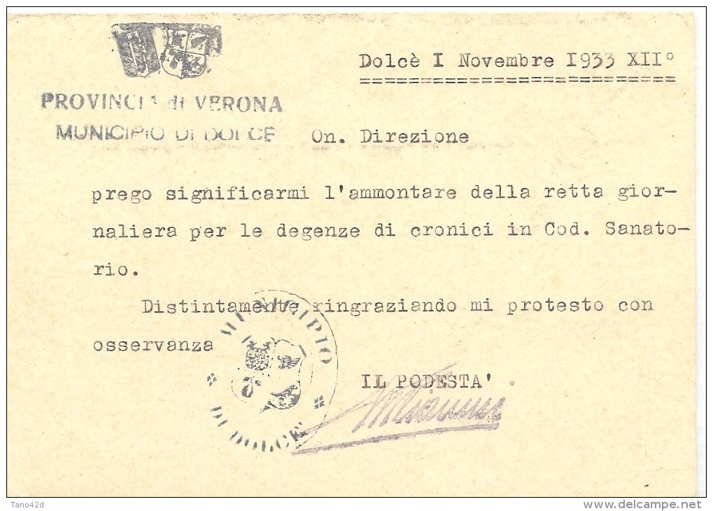 LPP14 - ITALIE EP CPRP DEMANDE SEULE DOLCE  / S.GIOVANNI LUPATOTO 2/11/1933 - Stamped Stationery