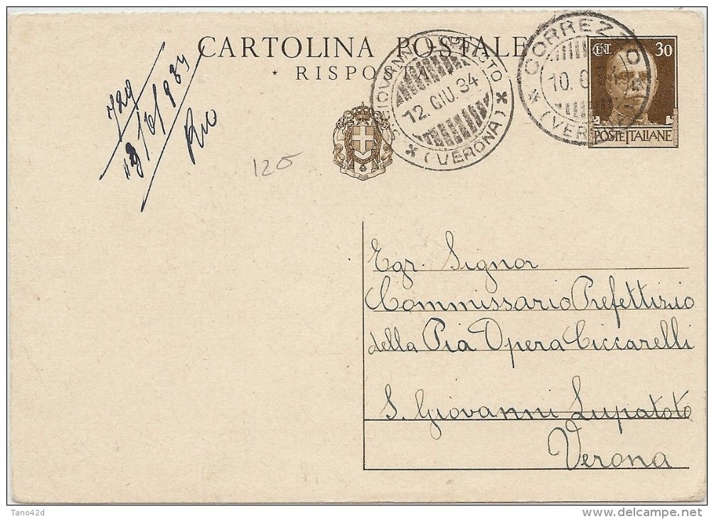 LPP14 - ITALIE EP CPRP REPONSE SEULE CORREZZO  / S.GIOVANNI LUPATOTO 12/6/1934 - Stamped Stationery