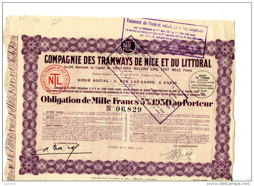 LT4 , LOT DE 3 TITRES Alpes Maritimes , Compagnie Des Tramways De Nice Et Du Littoral - Chemin De Fer & Tramway