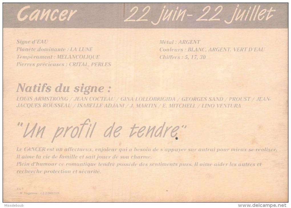 CANCER  - Lot De 4 CPM - HOROSCOPE ASTROLOGIE -  Signe Du Zodiaque -  Dos Vierge - 8 Scans - Astrologie