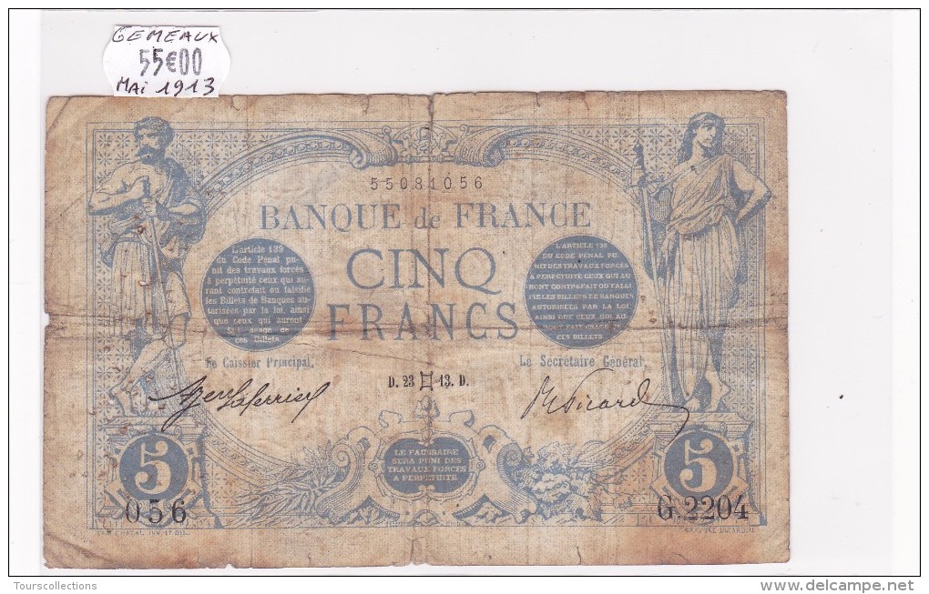 Billet De 5 Francs Bleu Du 23/05/1913 GEMEAUX - G.2204 Alph 056 @ N° Fayette : 2.17 - 5 F 1912-1917 ''Bleu''