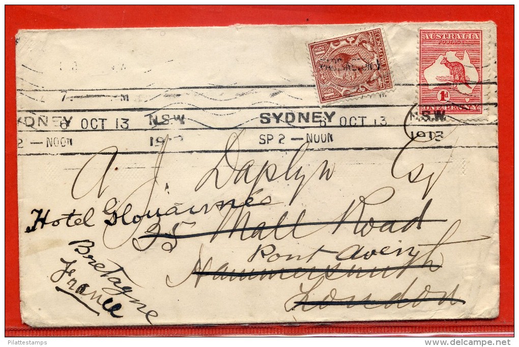 AUSTRALIE AFFRANCHISSEMENT MIXTE SUR LETTRE DE 1913 DE SYDNEY POUR PONT AVEN FRANCE - Storia Postale