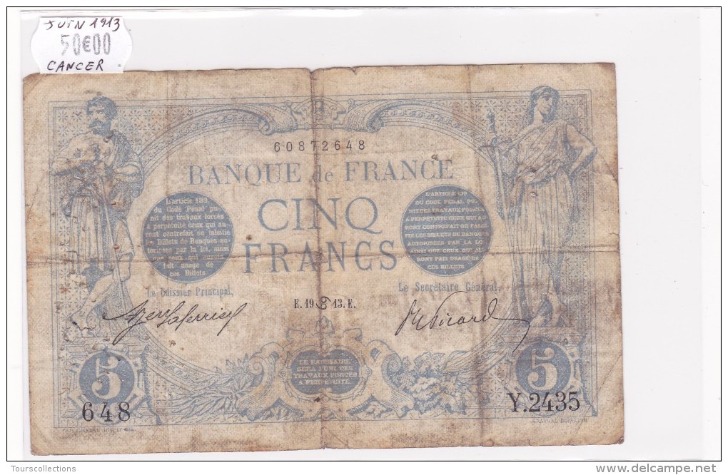 Billet De 5 Francs Bleu Du 19/06/1913 CANCER - Y.2435 Alph 648 @ N° Fayette : 2.18 - 5 F 1912-1917 ''Bleu''