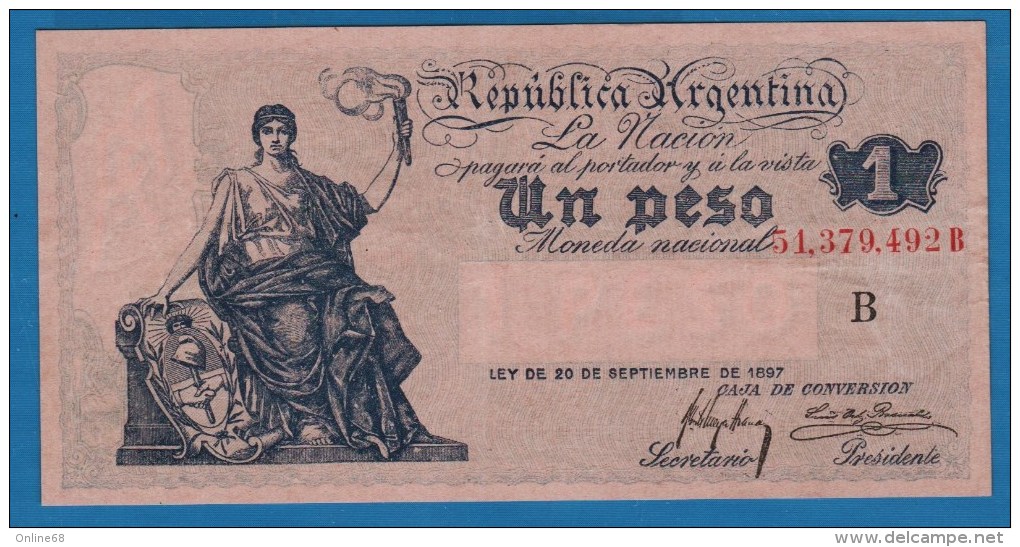 ARGENTINA 1 PESO L. 20.09.1897 Letter B # 51,379,492B P# 243 - Argentine