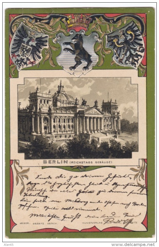 Berlin Germany, Reichstag Parliament Building Architecture, C1900s Vintage Embossed Postcard - Tiergarten