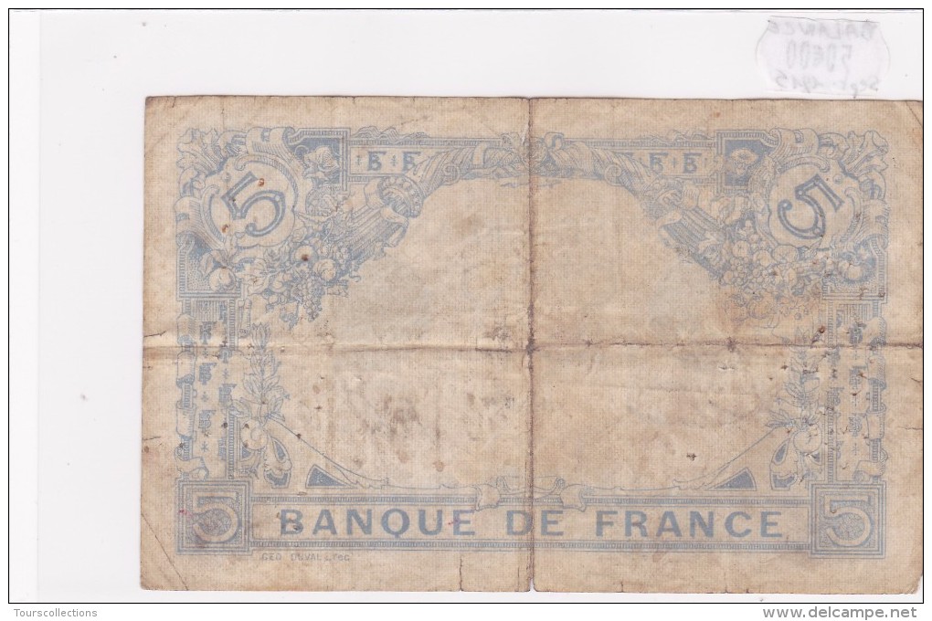 Billet De 5 Francs Bleu Du 14/09/1915 BALANCE - A.7778 Alph 910 @ N° Fayette : 2.31 - 5 F 1912-1917 ''Bleu''