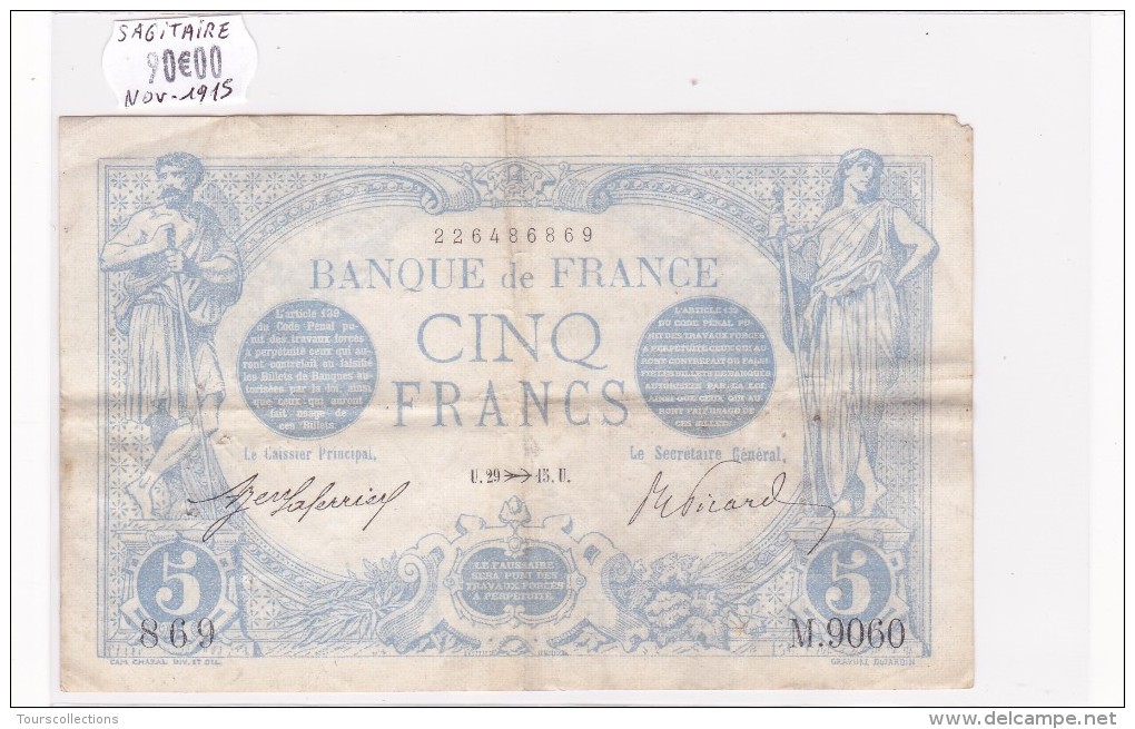 Billet De 5 Francs Bleu Du 29/11/1915 SAGITTAIRE - M.9060 Alph 869 @ N° Fayette : 2.33 - 5 F 1912-1917 ''Bleu''