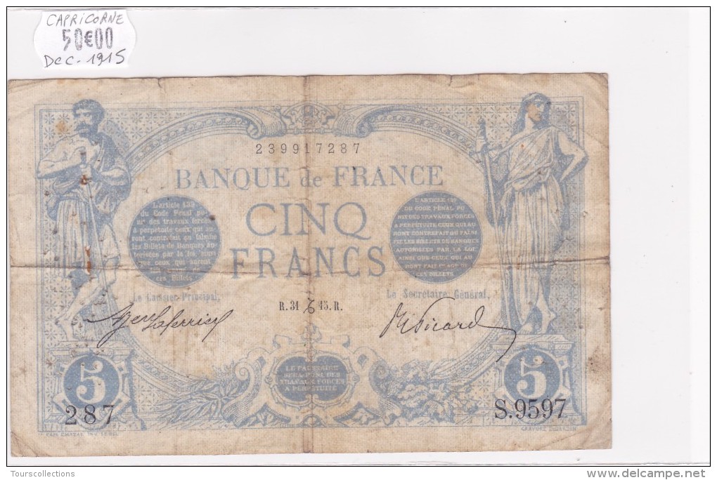 Billet De 5 Francs Bleu Du 31/12/1915 CAPRICORNE - S.9597 Alph 287 @ N° Fayette : 2.34 - Saint Sylvestre - 5 F 1912-1917 ''Bleu''