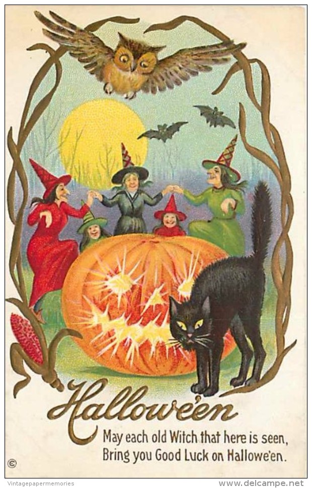 241513-Halloween, Stecher No 216 D, Witches Dancing Around A Large Jack O Lantern, Black Cat, Owl & Bats Under Full Moon - Halloween