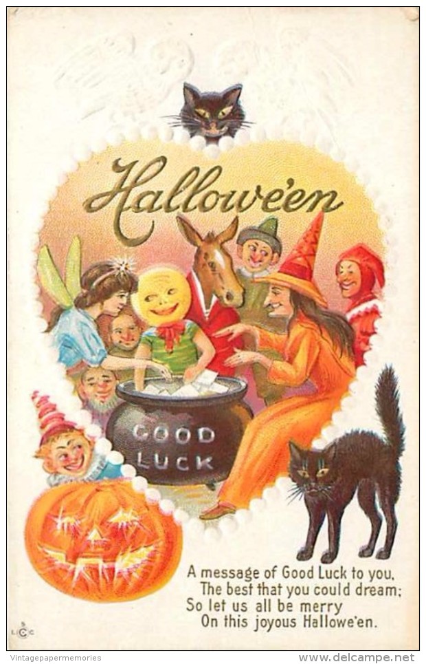 241517-Halloween, Stecher No 216 E, Witch Giving Out Good Luck Cards To Costumed People, Black Cats, Jack O Lantern - Halloween