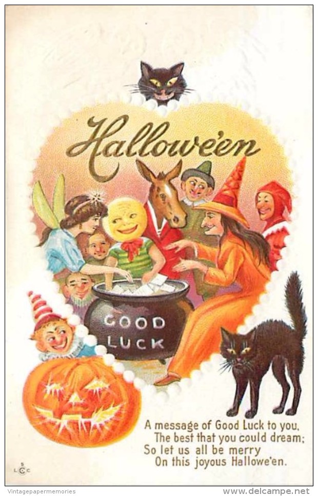 241519-Halloween, Stecher No 216 E, Witch Giving Out Good Luck Cards To Costumed People, Black Cats, Jack O Lantern - Halloween