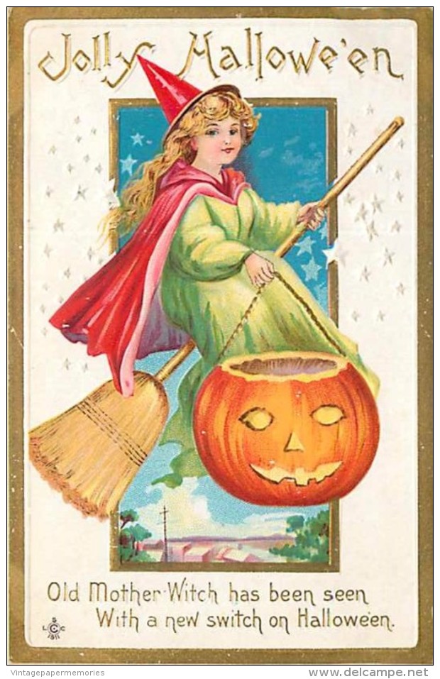 241539-Halloween, Stecher No 226 C, Young Witch On Broom Holding A Jack O Lantern - Halloween