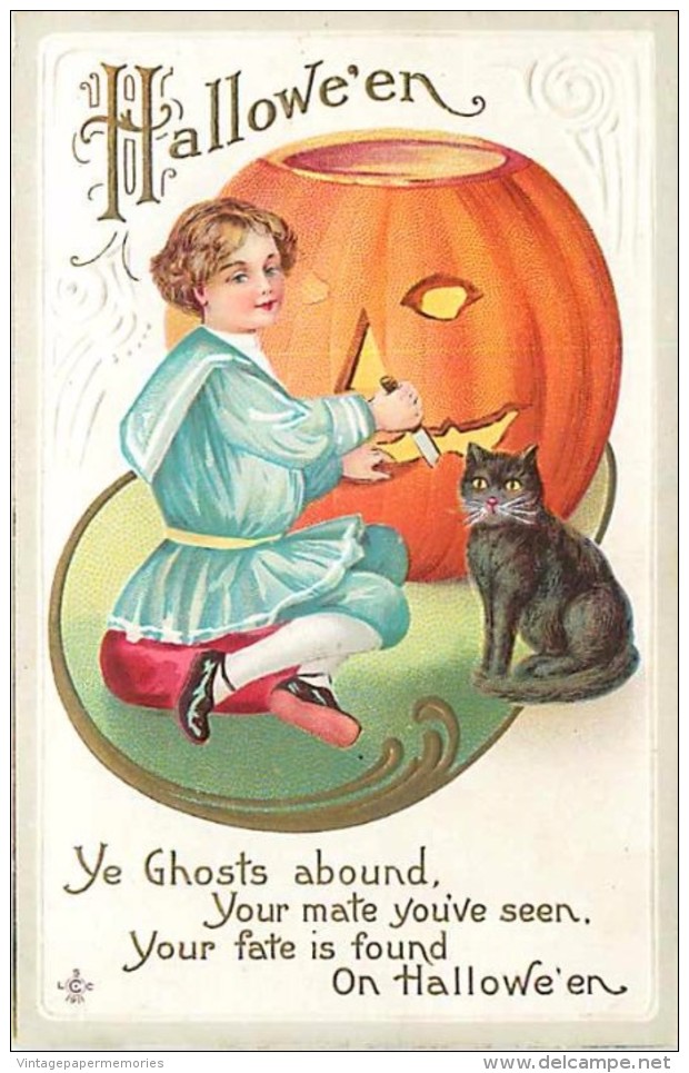 241535-Halloween, Stecher No 226 D, Boy Carving Large JOL With A Black Cat Watching - Halloween