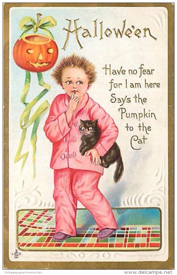 241545-Halloween, Stecher No 226 E, Boy Holding A Black Cat With Jack O Lantern On Wall Watching - Halloween