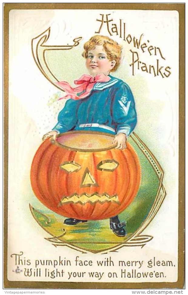 241547-Halloween, Stecher No 226 F, Boy Wearing Blue Navy Sailor Costume Holding Jack O Lantern - Halloween