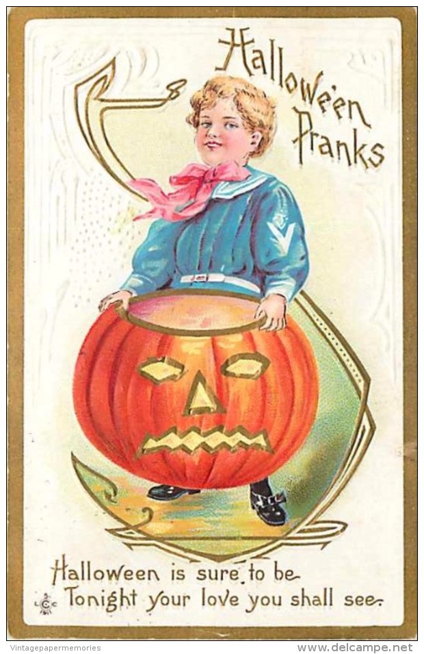 241549-Halloween, Stecher No 226 F, Boy Wearing Blue Navy Sailor Costume Holding Jack O Lantern - Halloween